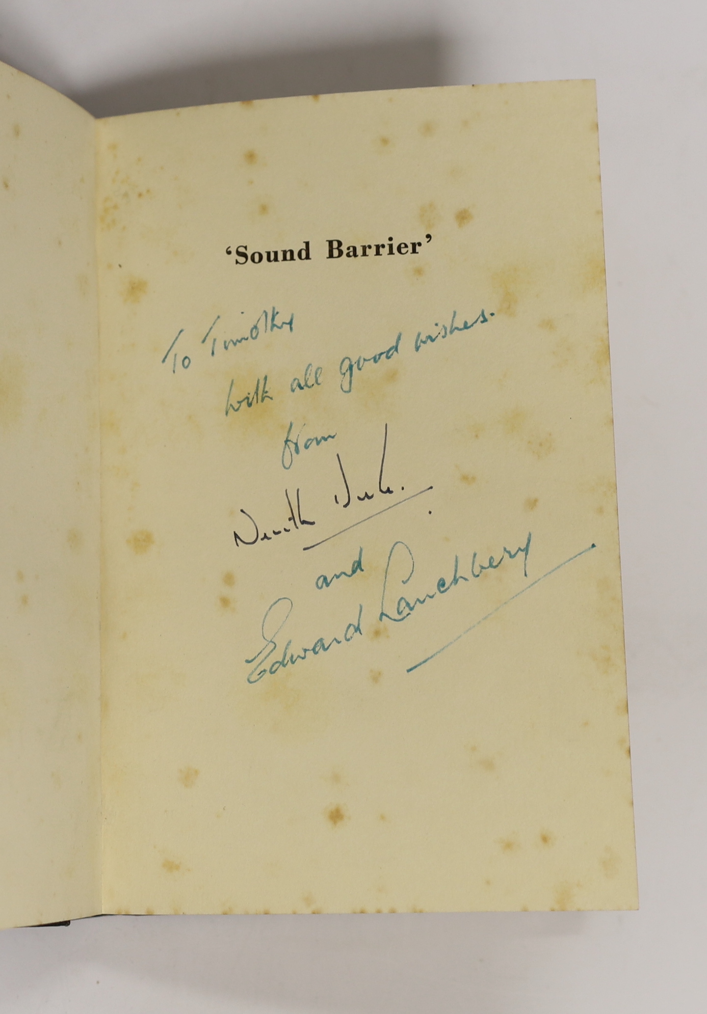 Sound Barrier, hardback book, signed by test pilot Neville Duke and author Edward Lanchberry, Cassell and Company, London